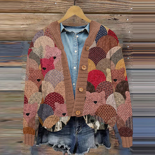 Vintage Cat Art Pattern Women's Cardigan elevenforest