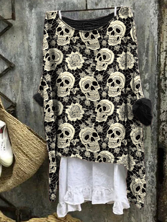 Comstylish Women's Halloween Skull Pattern Linen Blend Vintage Shirt
