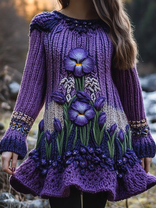Purple Iris Embroidered Crew Neck Cozy Knit Flare Sweater Dress elevenforest
