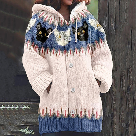 Vintage Cut Cats Iceland Jacquard Art Cozy Hooded Cardigan elevenforest