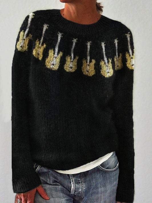 Music Lover Guitars Yoke Pattern Cozy Knit Sweater elevenforest