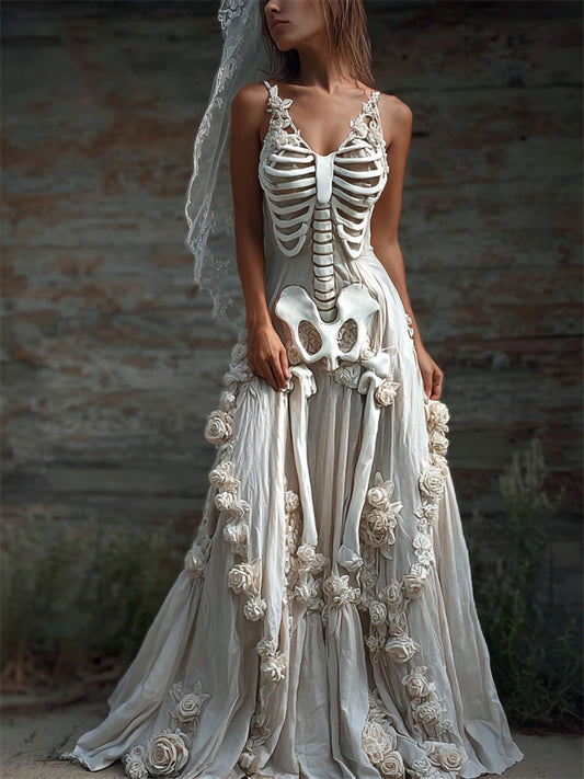 Comstylish Halloween Skeleton Bridal White Roses Linen Maxi Dress