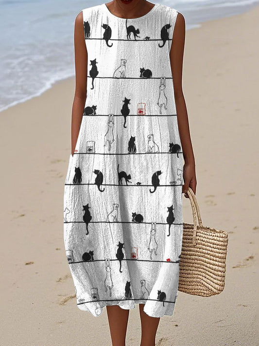 Black Cats Geometric Striped Linen Tank Dress