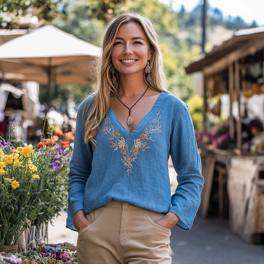 Women's Floral Embroidered Linen V-neck Shirt artswardrobe