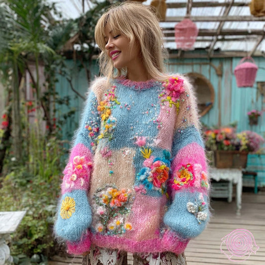 Women's Floral Embroidery Patchwork Art Cozy Knit Sweater elevenforest