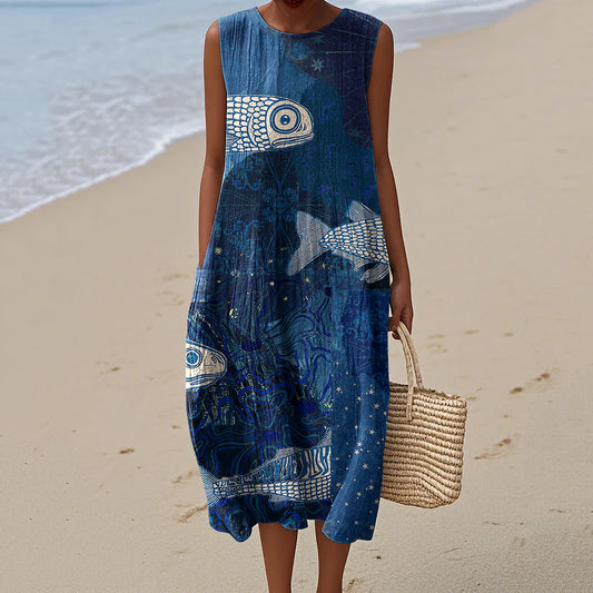 Comstylish Vintage Ocean Sardines Art Print Crew Neck Dress