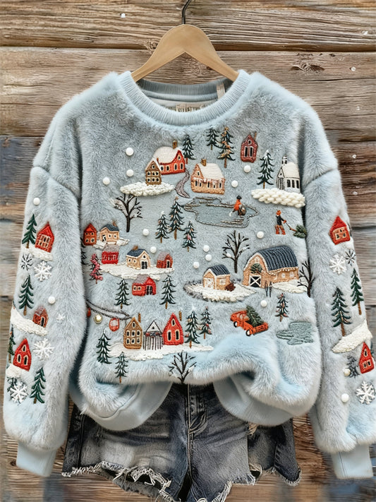 Comstylish Snowy Ski Resorts Landscape Embroidered Cozy Plush Sweatshirt