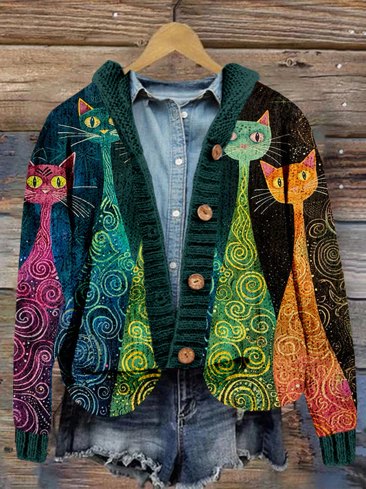 Colorful Cats Art Pattern Comfy Hooded Cardigan elevenforest