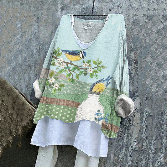 Women's Blue Tits Bottle Birds Greetings Art  Loose V-neck Shirt artswardrobe
