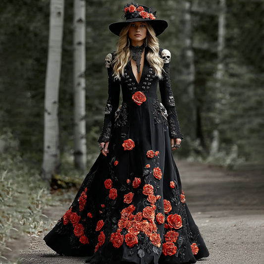 Comstylish Women's Elegant Flower Skull Pattern V-neck Long Sleeve Maxi Dress