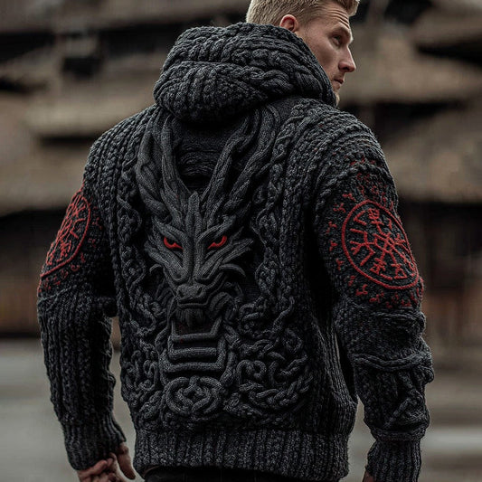 Men's Vegvisir Viking Dragon Runes Colorblock Chunky Zipper Up Hooded Sweater artswardrobe