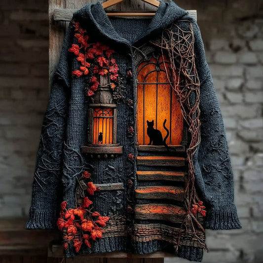 Women's Halloween Little House Cat Art Knitted Button Sweater Cardigan elevenforest