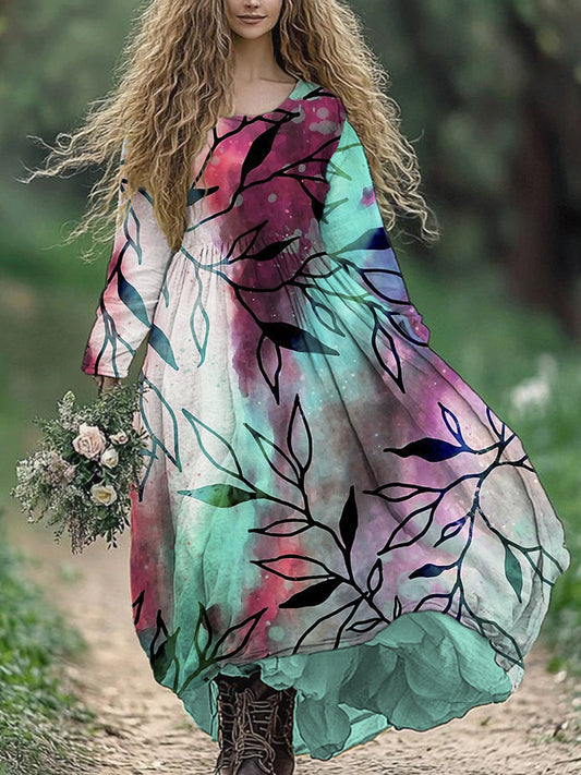 Gradient Leaves Pattern Women's Maxi Dress Flowing artswardrobe