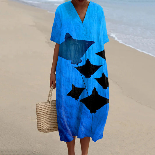 Comstylish Vintage Ocean Manta Ray Casual V-Neck Midi Dress