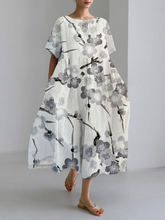 Comstylish Japanese Plum Art Print Linen Blend Maxi Dress