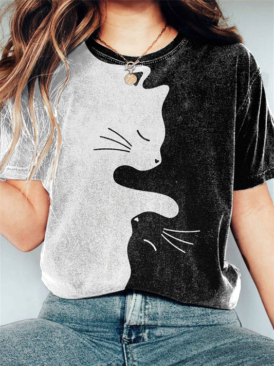 Black Cat Embrace All Print Casual Cotton T-Shirt elevenforest