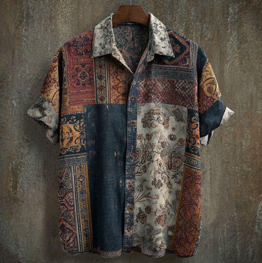 Western Style Bohemian Plant Flower Pattern Color Block Patchwork Retro Cotton And Linen Men's Shirt artswardrobe