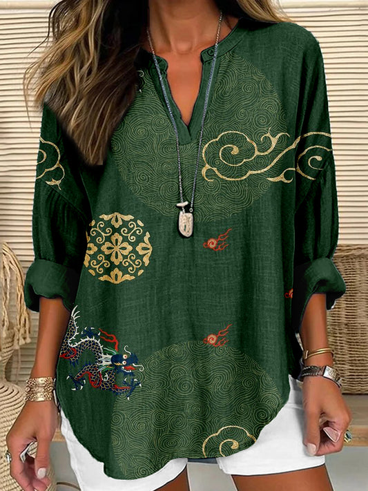 Comstylish Vintage Dragon Pattern Linen Blend Cozy Shirt