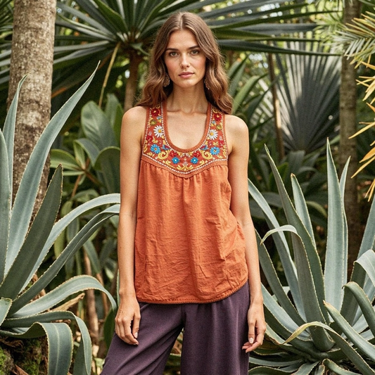 Women's Bohemian Ethnic Floral Print Comfortable Linen Top artswardrobe
