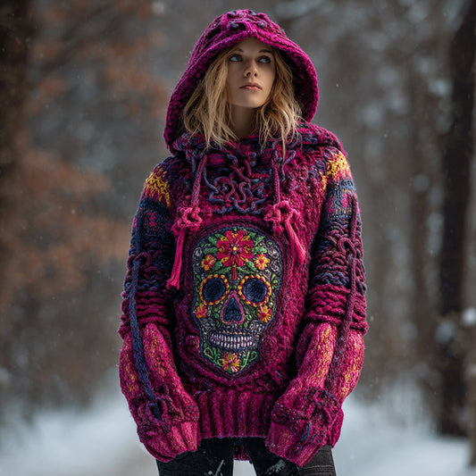 Women's Vintage Viking Tribal Celtic Skull Art Knit Hooded Sweater elevenforest