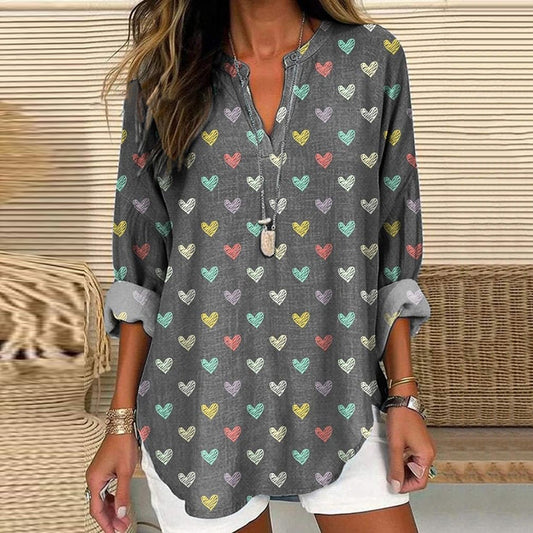 Comstylish Lovely Heart Pattern Printed Women's Casual Linen V-neck Shirt