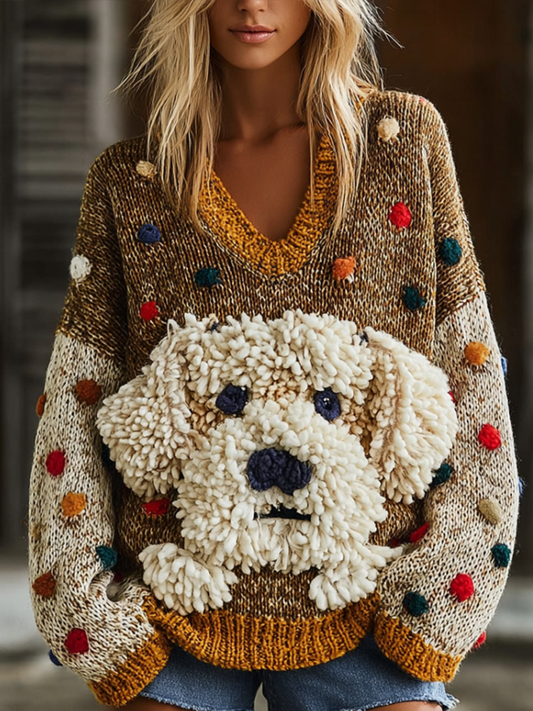 Lady Retro Cute Dog Plush Comfortable Knitted Sweater. elevenforest