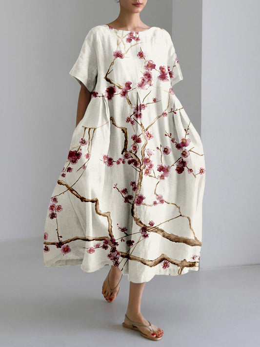 Comstylish Vintage Cherry Blossom Art Linen Blend Maxi Dress