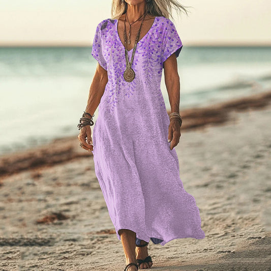 Vintage Violet Floral Art Pattern Casual Maxi Dress artswardrobe