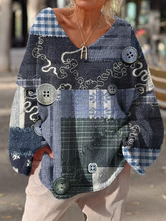 Stitch Buttons And Geometric Pattern Women's V-neck Shirt artswardrobe