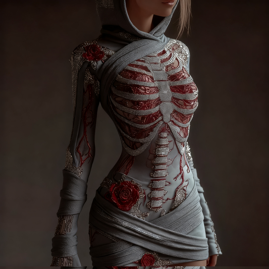 Comstylish Women's Skeleton Roses Bandages Art Cozy Knit Hooded Mini Sweater Dress