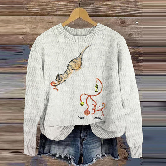 Vintage Cat Art Knit Embroidery Sweater elevenforest
