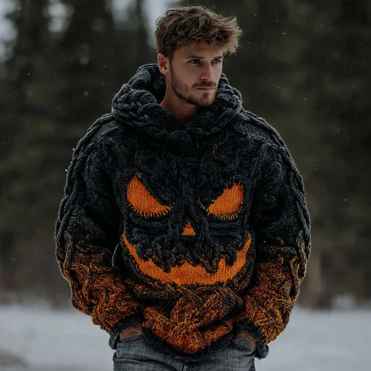Men's Halloween Spooky Face Gradient Inspired Knitted Cozy Hooded Sweater elevenforest