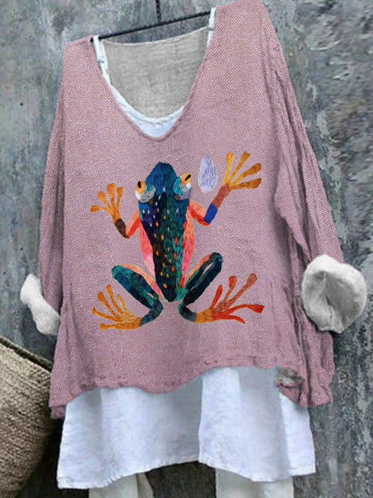 Comstylish Colorful Frog Embroidery Art Linen V-Neck T-Shirt