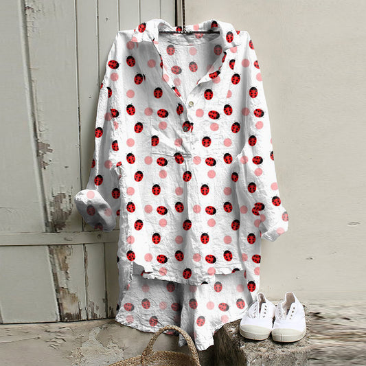 Comstylish Ladybug Printed Long Sleeve Casual Shirt