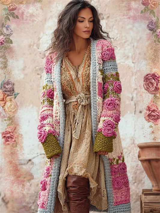 Vintage Pink Roses Colorblock Crochet Chunky Cozy Cardigan elevenforest