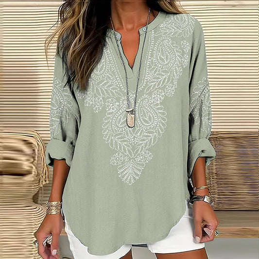 Comstylish Women's Floral Embroidery Art Linen Print Casual Shirt