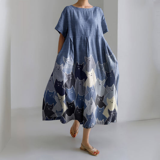 Women's Abstract Geometric Cat Art Linen Blend Maxi Dress elevenforest