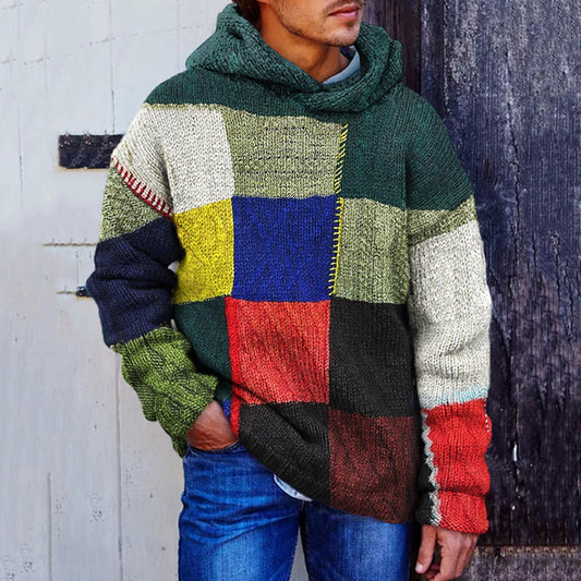 Men's Vintage Plaid Colorful Patchwork Cozy Hooded Sweater artswardrobe