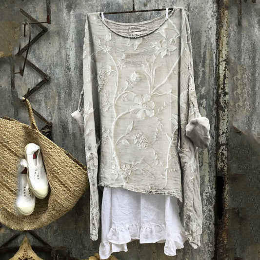 Comstylish Classy Floral Vines Relief Art Linen Tunic