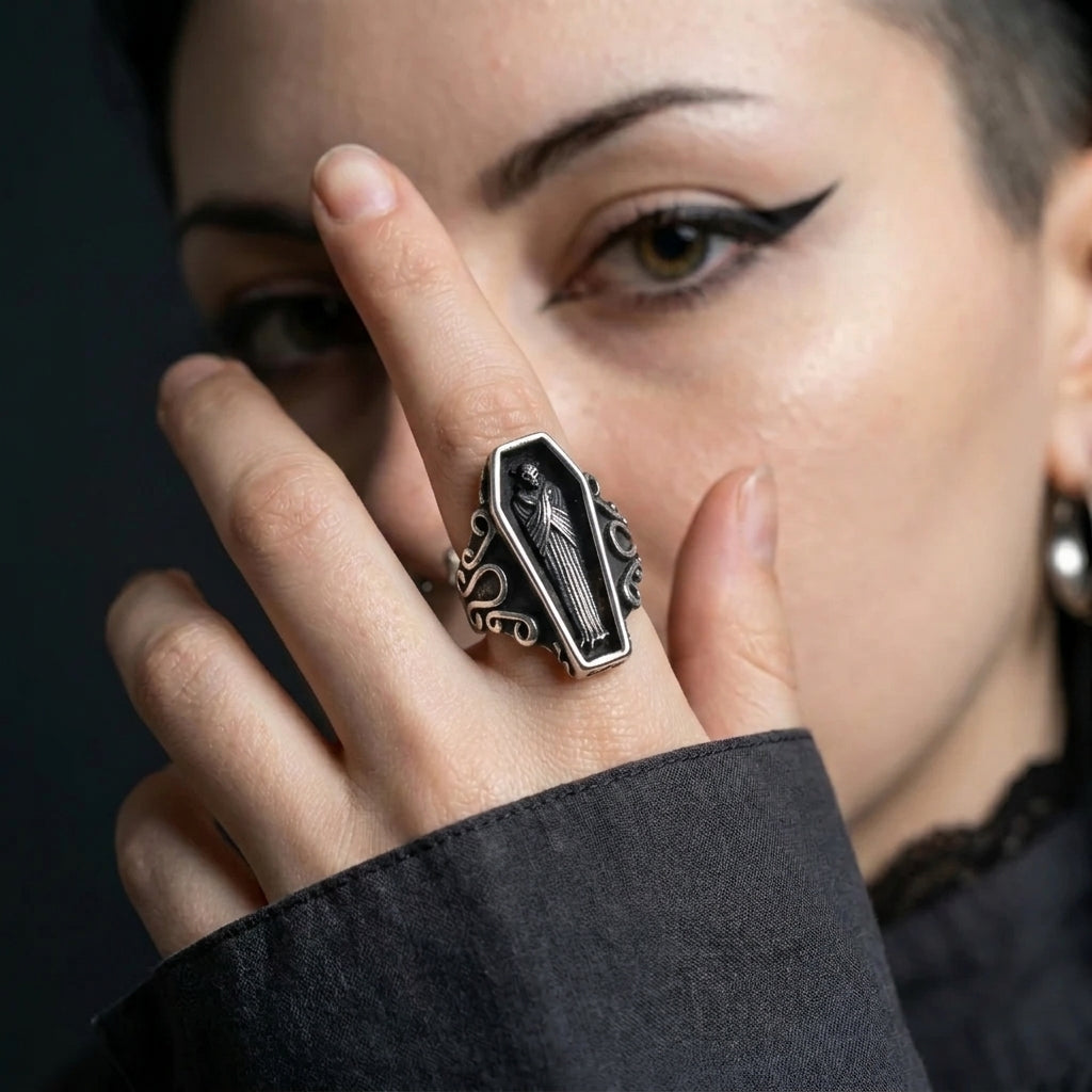 Coffin Ring with Skeleton Figure and Scroll Filigree