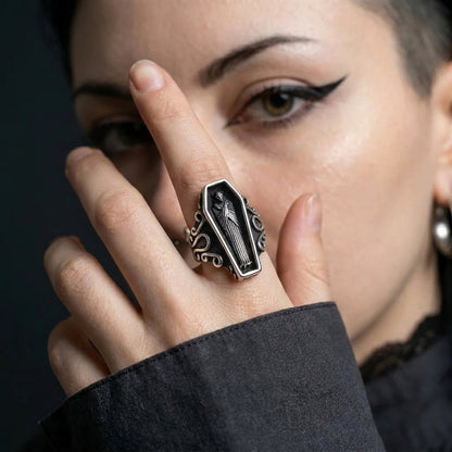 Coffin Ring with Skeleton Figure and Scroll Filigree