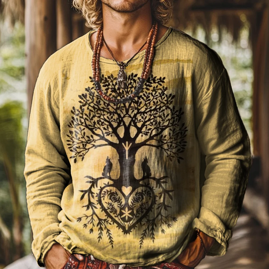 Men's Tree Of Life Gradient Art Painting Print Round Neck Long Sleeve Linen T-shirt artswardrobe