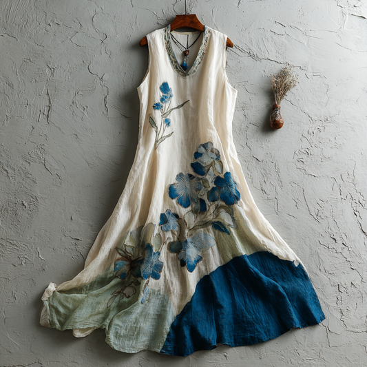 Comstylish Women's Vintage Japanese Sakura Artistic Linen Sleeveless Dress