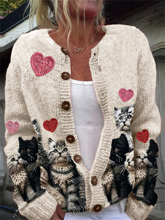 Comstylish Valentine's Day Hearts & Cats Crochet Cozy Cardigan
