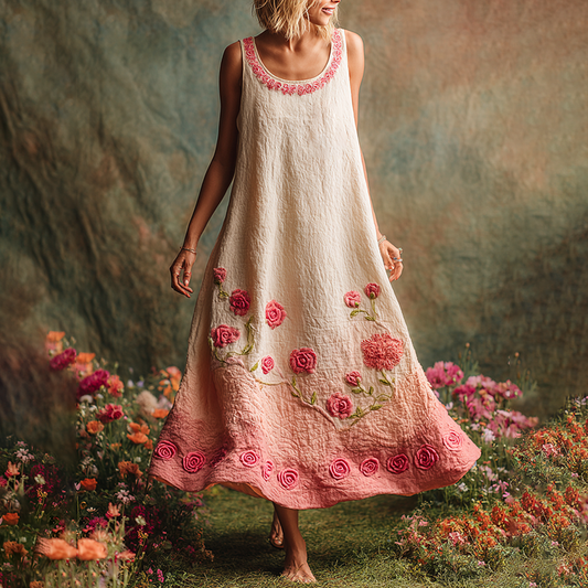 Pink Floral Embroidered Gradient Linen Tank Maxi Dress artswardrobe