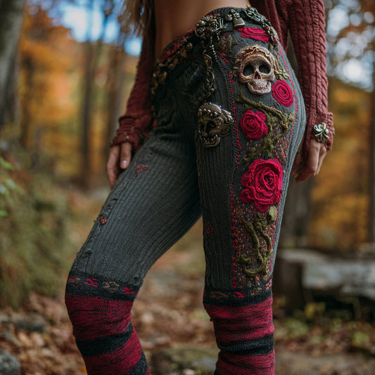 Women's Vintage Sugar Skull Rose Pattern Comfort Leggings elevenforest