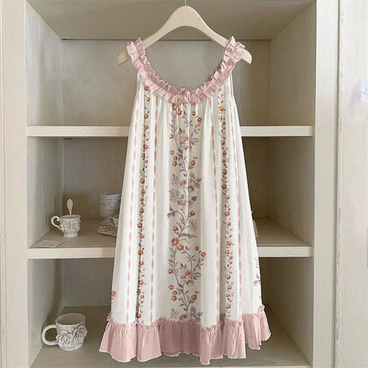 Vintage Floral Pink Ruffle Trim Linen Dress artswardrobe