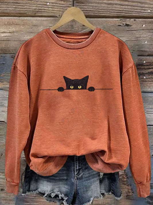 Comstylish Women's Casual Funny Black Cat Print Sweatshirt
