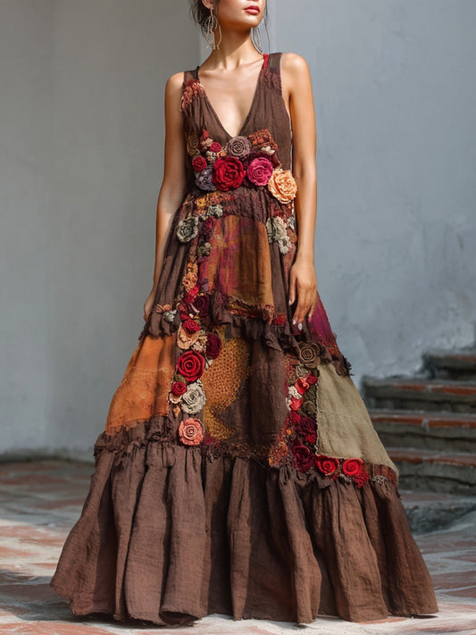 Vintage Roses Embroidered Patchwork Linen Maxi Dress artswardrobe