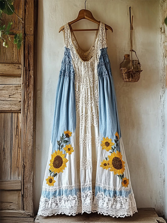 Boho Sunflowers Embroidered Gradient Lace Patchwork Linen Dress artswardrobe
